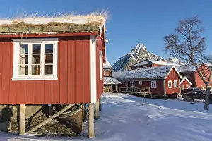 Reine Prints: Traditional rorbu houses, with Olstinden peak in the background