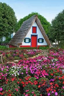 Traditional thatch house with flowers, Santana, Madeira, Portugal