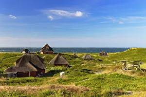 Sylt Prints: Traditional thatched houses in sand dunes, Hornum, Sylt, Schleswig Holstein, Germany