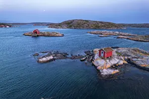 Rural Scene Prints: Traditional wooden huts on rocky islands off the Bohuslan coast