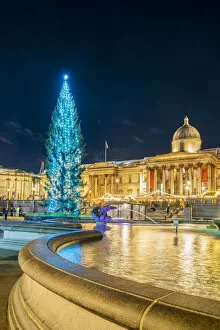 Sculpture Gallery: Trafalgar Square illuminated at night at Christmas, London, England, UK