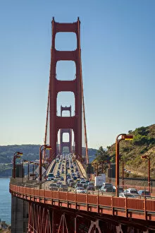 San Francisco Bay Collection: Traffic on famous Golden Gate Bridge against clear sky, San Francisco