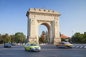 Bucharest Prints: Traffic passing Arch of Triumph, Bucharest, Romania