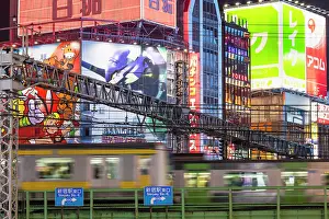 Crossing Prints: Trains crossing railway bridge, Shinjuku, Tokyo, Japan