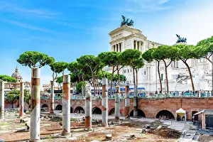Latium Prints: Trajan's Forum in Ancient Rome with Altare Della Patria or Vittoriano on background