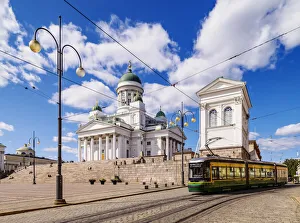 Cobbled Street Prints: Tram in front of the Cathedral, Senate Square, Helsinki, Uusimaa County, Finland