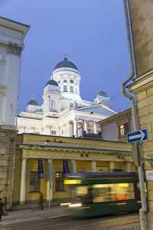 Tram & Lutheran cathedral, at dusk, Helsinki, Finland