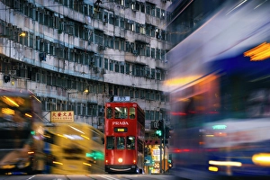 Hong Kong Prints: Tram and Monster Buildings at rush hour, Quarry Bay. Hong Kong, China, Asia