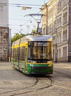 Cobbled Street Prints: Tram at the Senate Square, Helsinki, Uusimaa County, Finland