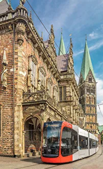 Federal State Prints: Tram in front of the town hall on the market square