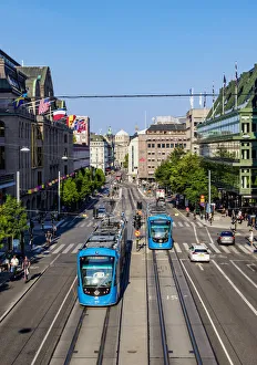 Street Life Prints: Trams at Hamngatan Street, elevated view, Stockholm, Stockholm County, Sweden