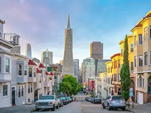 North Beach Prints: Transamerica Pyramid Building From North Beach at Sunrise with some Fogginess