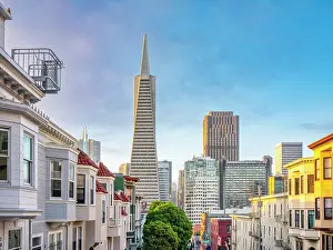 North Beach Prints: Transamerica Pyramid Building From North Beach at Sunrise with some Fogginess
