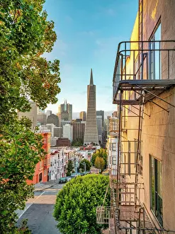 North Beach Prints: Transamerica Pyramid Building From North Beach at Sunrise with some Fogginess