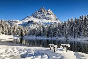 Horizontal Gallery: Tre Cime di Lavaredo & Lake Antorno in Fresh Snow, Belluno Province, Veneto, Dolomites