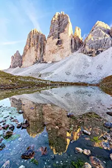 Mirror Lake Prints: Tre Cime di Lavaredo peaks mirrored in the pristine Grava Longa lakes at sunset