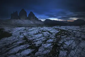 Tre Cime di Lavaredo in summer at dusk, Dolomites, Italy