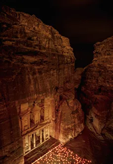 Nabataean Prints: The Treasury, Al-Khazneh at night, elevated view, Petra, Ma an Governorate, Jordan