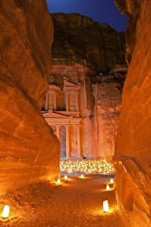 Treasury Lit By Candles At Night, Petra, Jordan, Middle East