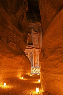 Images Dated 9th May 2014: Treasury Lit By Candles At Night, Petra, Jordan, Middle East