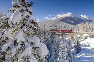Trees covered with snow surrounding the red Bernina Express train in winter, Chapella