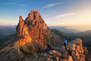 Cuneo Prints: A trekker at Colletto della Meja in front of Rocca la Meja at sunrise