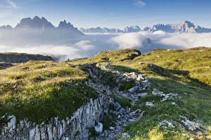 Trench on the Monte Piana, sunrise towards the Cadini di Misurina, Sexten Dolomites