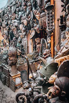 Tribal masks bazaar, Marrakech Souk, Morocco