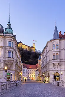 Forts Prints: The Triple Bridge, Town Centre and Ljubljana Castle, Ljubljana, Slovenia, Eastern Europe