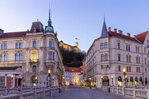 Bastion Prints: The Triple Bridge, Town Centre and Ljubljana Castle, Ljubljana, Slovenia, Eastern Europe