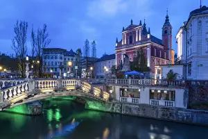 Tromostovje (Triple bridge) and Franciscan Church of the Annunciation in the center of