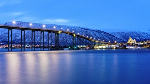 Traffic Prints: Tromso bridge and Arctic Cathedral at blue hour, Troms og Finnmark, Norway