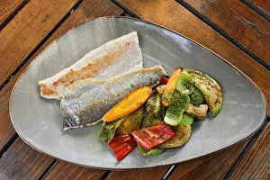 Trout fillet with vegetables. Sofia, Bulgaria