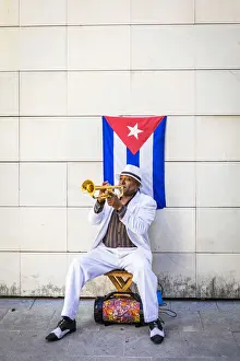 Cuba Prints: A trumpet player in Plaza de Armas, La Habana Vieja (Old Town), Havana, Cuba