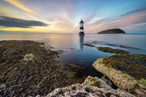 Roof Prints: Trwyn Du Lighthouse at sunset, Llangoed, Gwynedd, Anglesey, Wales, United Kingdom