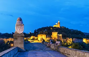 Tsarevets fortress and the Ascension Cathedral on the top of the hill, at dusk