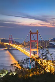 Suspension Bridge Prints: Tsing Ma Bridge at sunset, Tsing Yi, Hong Kong, China
