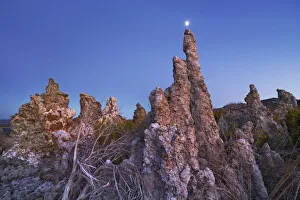 Mono Prints: Tufa formations and moon at Mono Lake - USA, California, Mono, Mono Lake