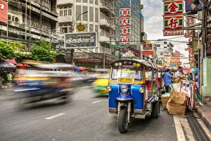 Tuk Tuk three-wheeler taxi, Yaowarat Road, Chinatown, Bangkok, Thailand