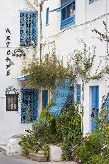 Window Shutters Prints: Tunisia, Art Cafe in the Picturesque whitewashed village of Sidi Bou Said