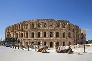 Tunisia, El Jem, Camels in front of Roman Amphitheatre