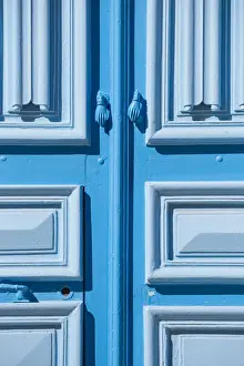 Walled City Prints: Tunisia, Kairouan, Madina, Hands of Fatima door handle on a blue door