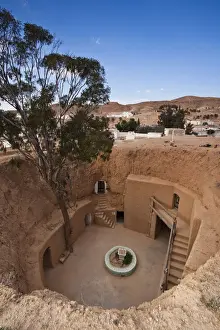 Tunisia, Ksour Area, Matmata, elevated view of underground buildings