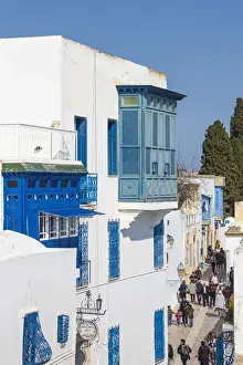 Tunisia, Main street in the Picturesque whitewashed village of Sidi Bou Said
