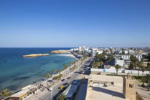 Corniche Prints: Tunisia, Monastir, View of corniche and Mosque minaret