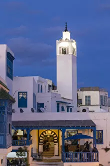Sidi Bou Said Gallery: Tunisia, Sidi Bou Said, View of Cafe El Alia and Sidi Bou Said Mosque