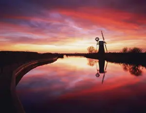 Turf Fen Windmill at Sunset, Norfolk Broads National Park, Norfolk, England