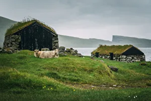 Vagar Prints: Turf-roofed houses for sheeps, Vagar, Faroe Islands, Europe