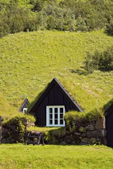 Sudurland Prints: Turf roofed houses at Skogar Museum, Skogar, Rangarping eystra, Southern Region, Iceland