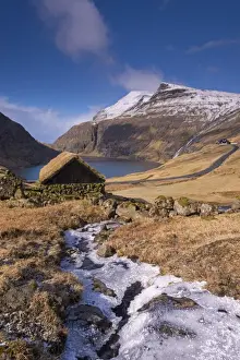 Saksun Prints: Turf roofed hut in the ancient village of Saksun on the island of Streymoy, Faroe Islands